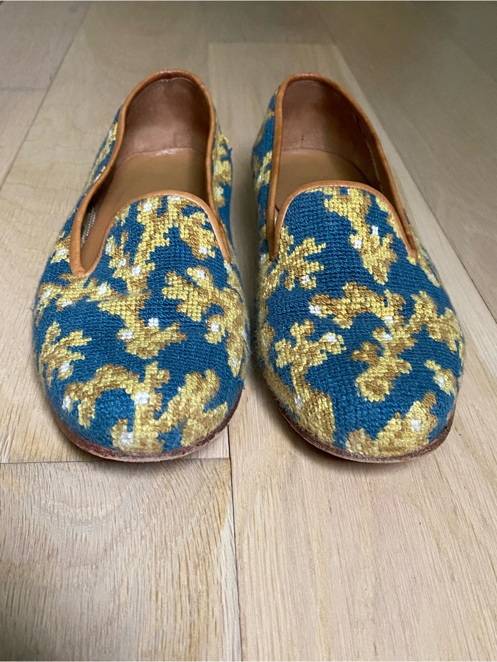 Stubbs & Wootton Palm Beach Blue Gold Coral Reef Needlepoint Loafers Size 7.5 - Picture 2 of 13